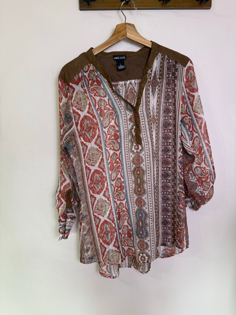 Wet Seal Y2K Sheer Blouse Brown Red Blue Boho Hippie Tunic Sz L